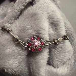 Fossil Silver Tone, Pink/Gray Rhinestone Cord Bracelet, good condition